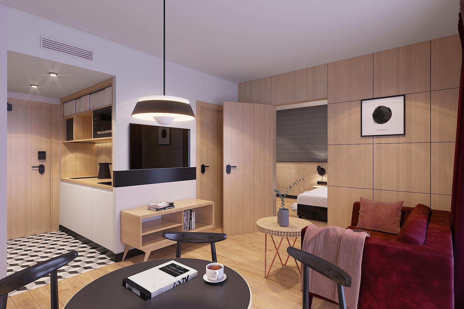 Tulip Residences Vista en 3D del apartamento de 2 habitaciones con sala de estar, TV y cocina.